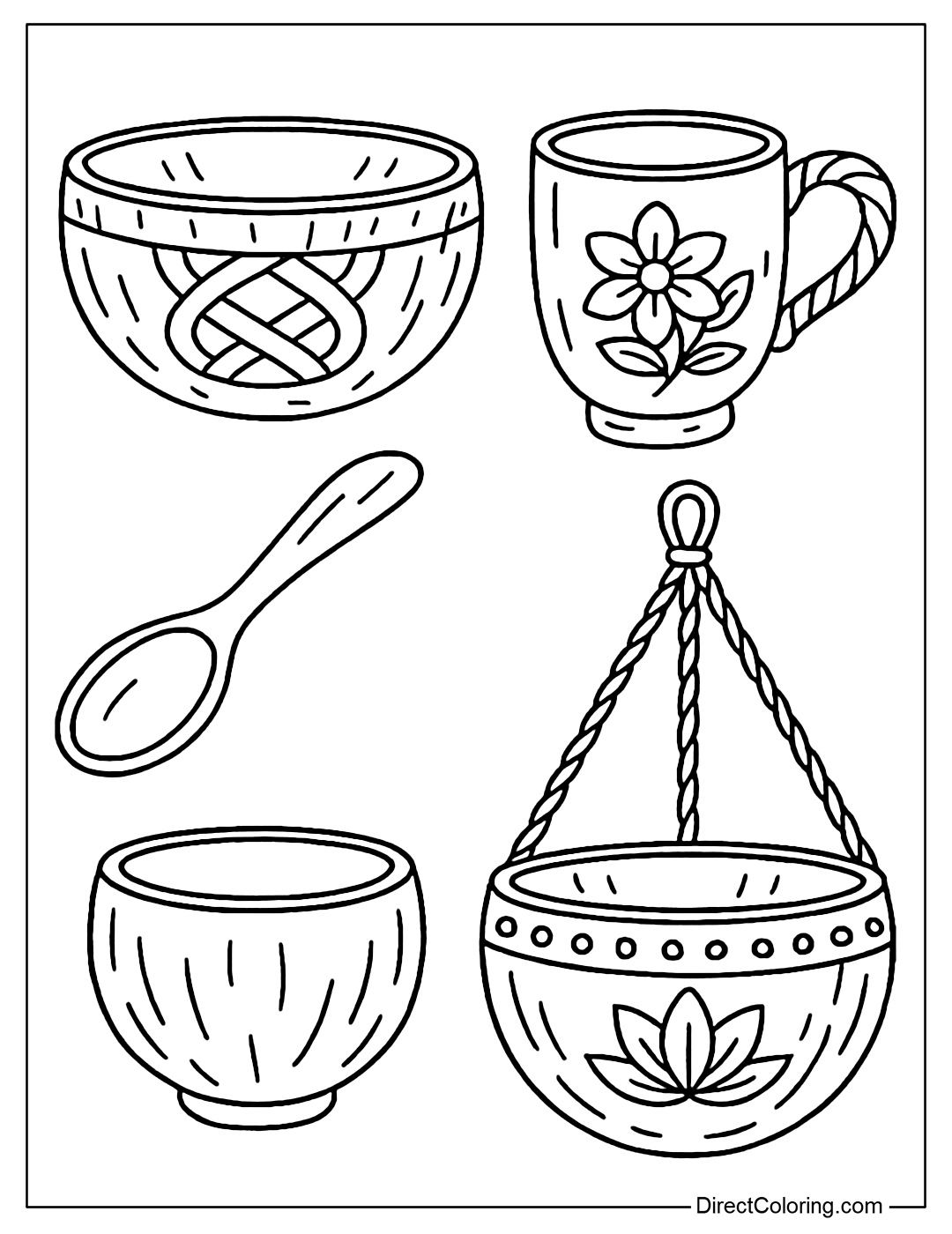 Coloring page of products made from coconut shells: cups, glasses, spoons, decorated with patterns.